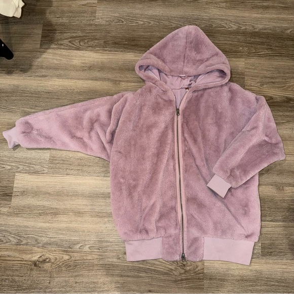 Free People Turn Up Zip Off Lavender Haze Faux Fur Jacket Small Oversized Hooded - Picture 3 of 6